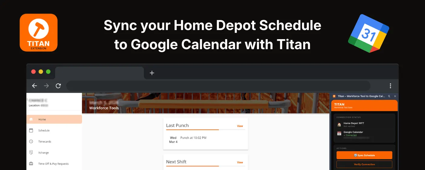 Titan browser extension marquee - sync your Home Depot schedule to Google Calendar